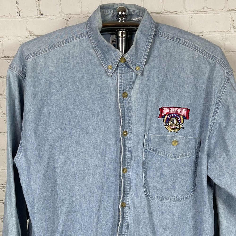 VINTAGE 1998 NASCAR 50TH ANNIVERSARY 1948-1998 DENIM JEAN BUTTON UP SHIRT